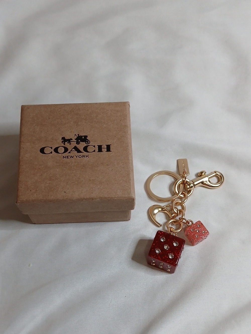 Coach Gold Key Ring with Red and Pink Glitter Dice